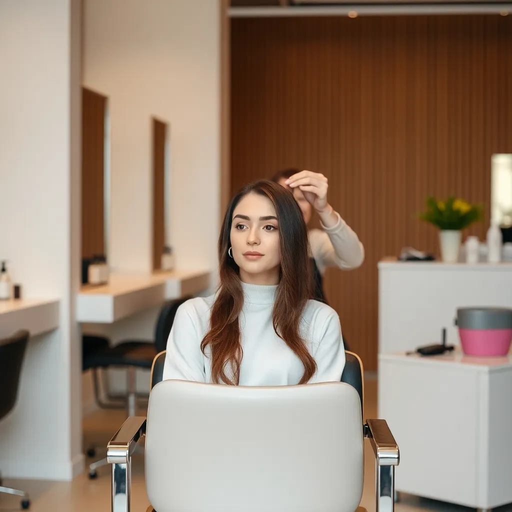 A woman sitting in a salon chair, receiving a hair treatment