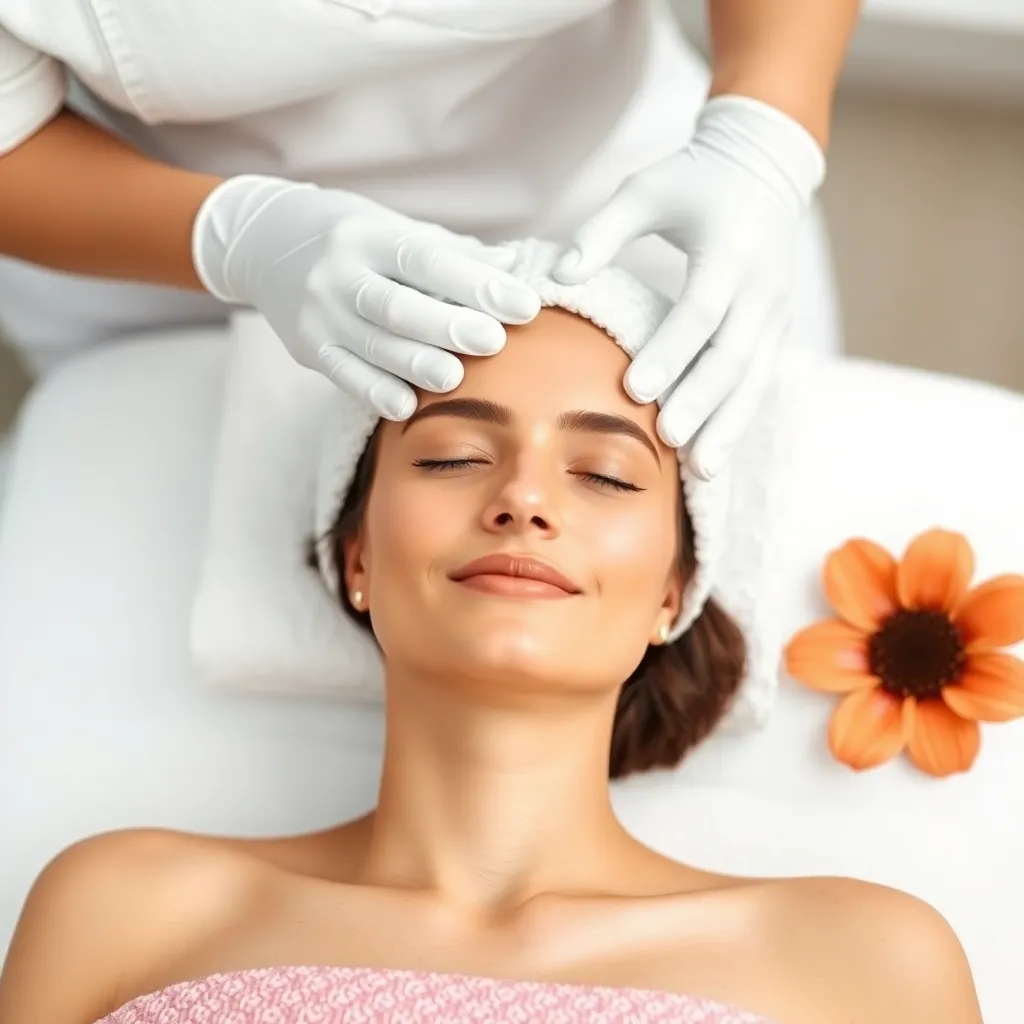 A woman receiving a facial treatment, with a peaceful expression