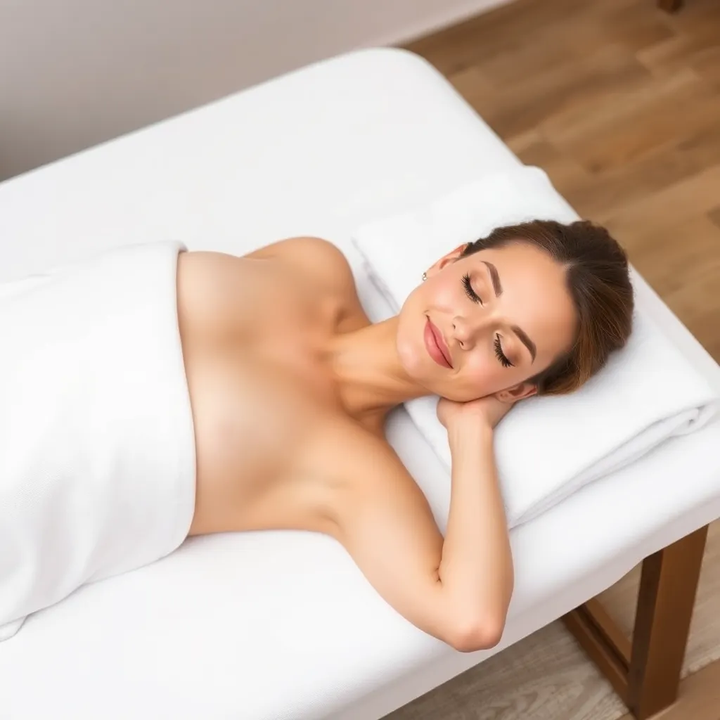 A woman lying on a massage table, with a peaceful expression