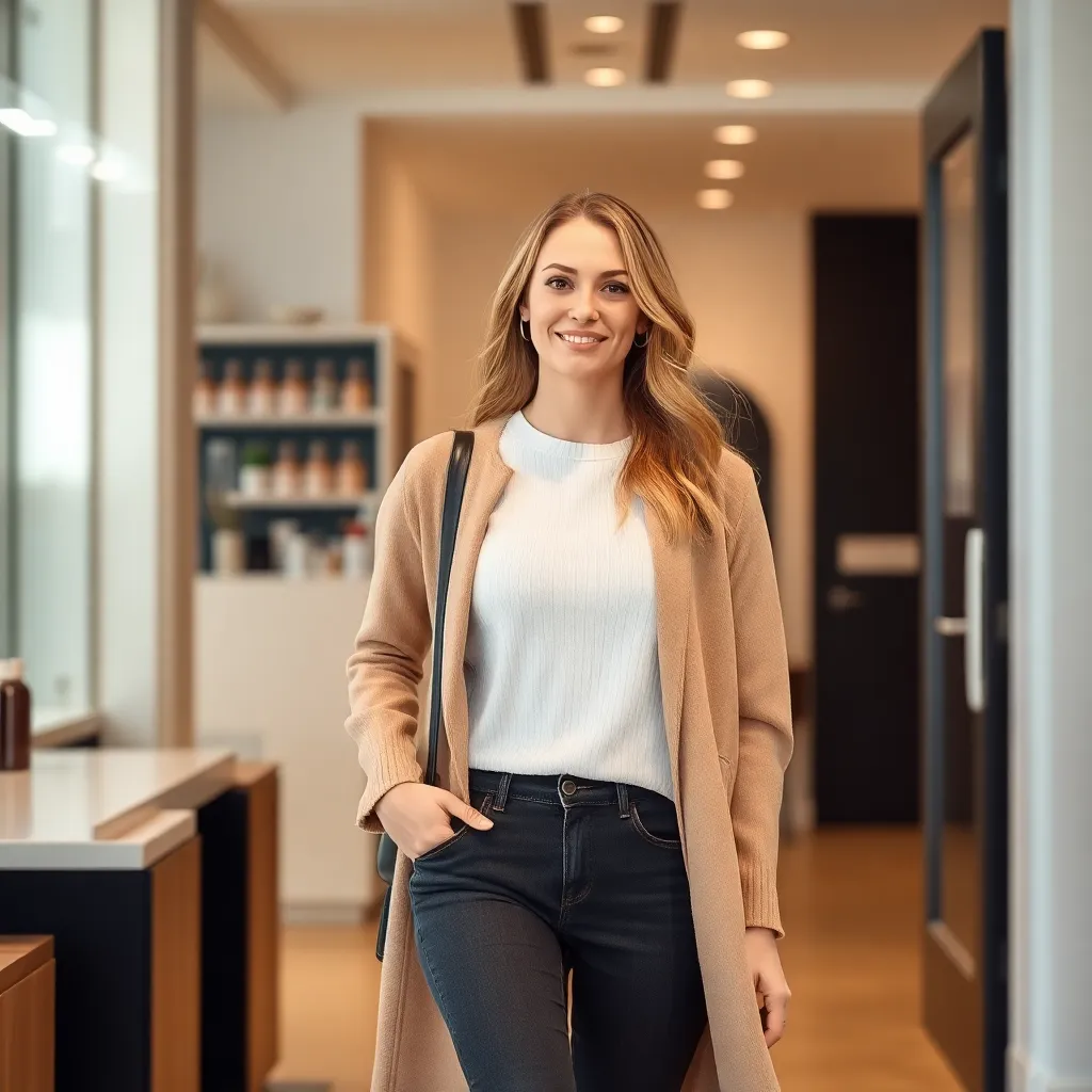 A woman walking out of the salon, with a confident expression