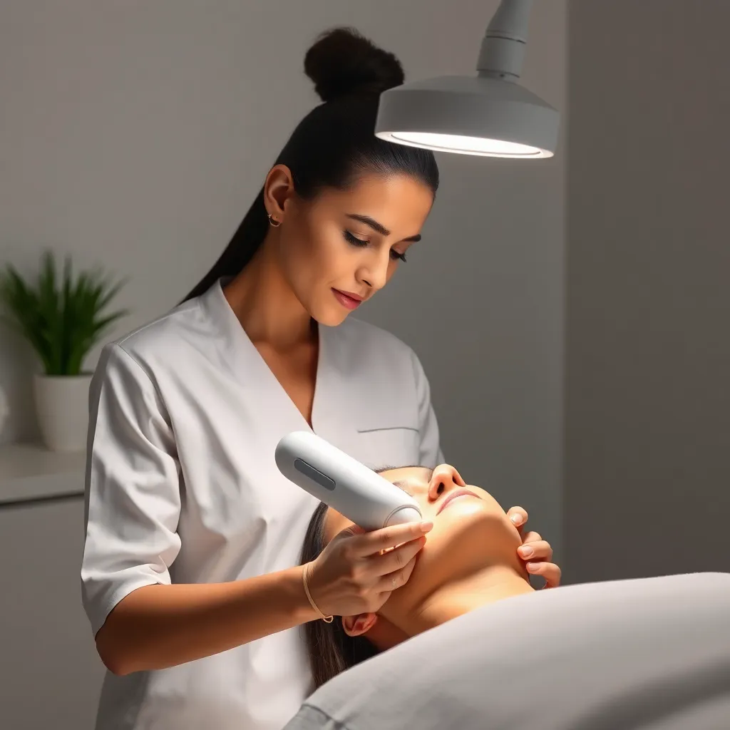 A photo of a Logunova Beauty Salon esthetician using a state-of-the-art skincare device