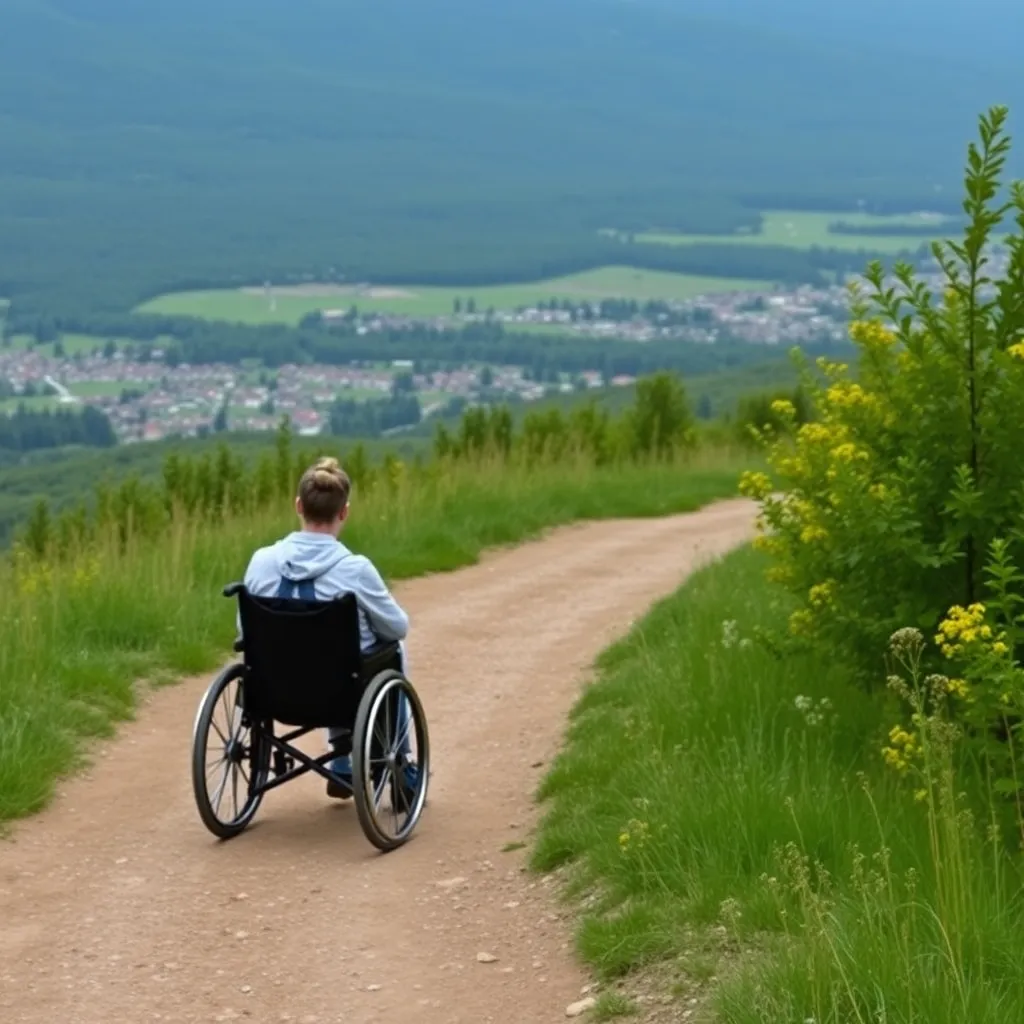 A person in a wheelchair on a scenic trail