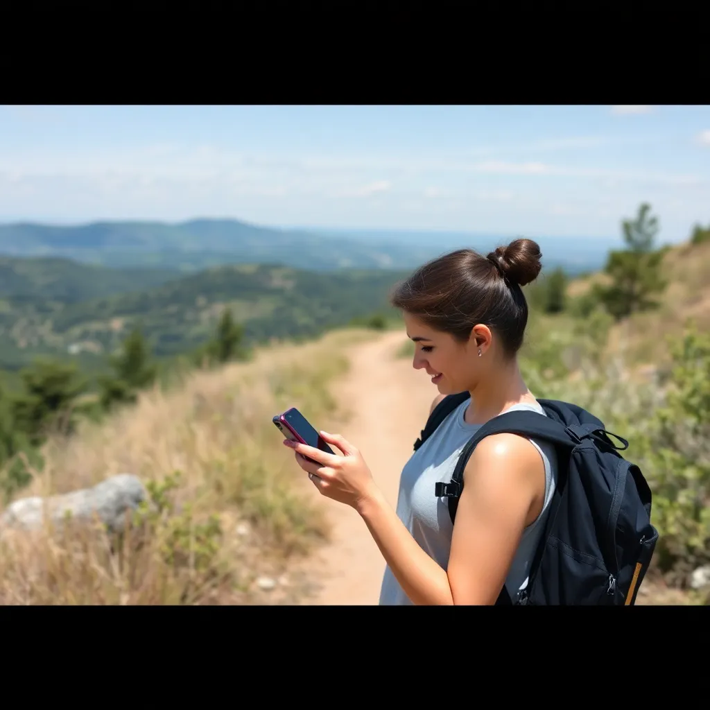 A person using a mobile app on a scenic trail