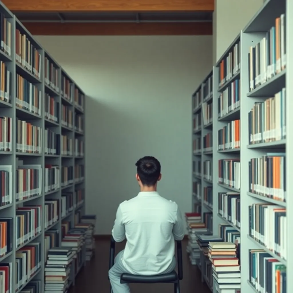 A person sitting in a library, surrounded by books
