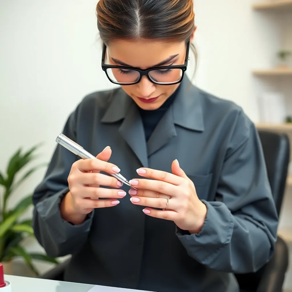 A photo of a nail technician at Logunova Beauty Salon creating a Russian French manicure